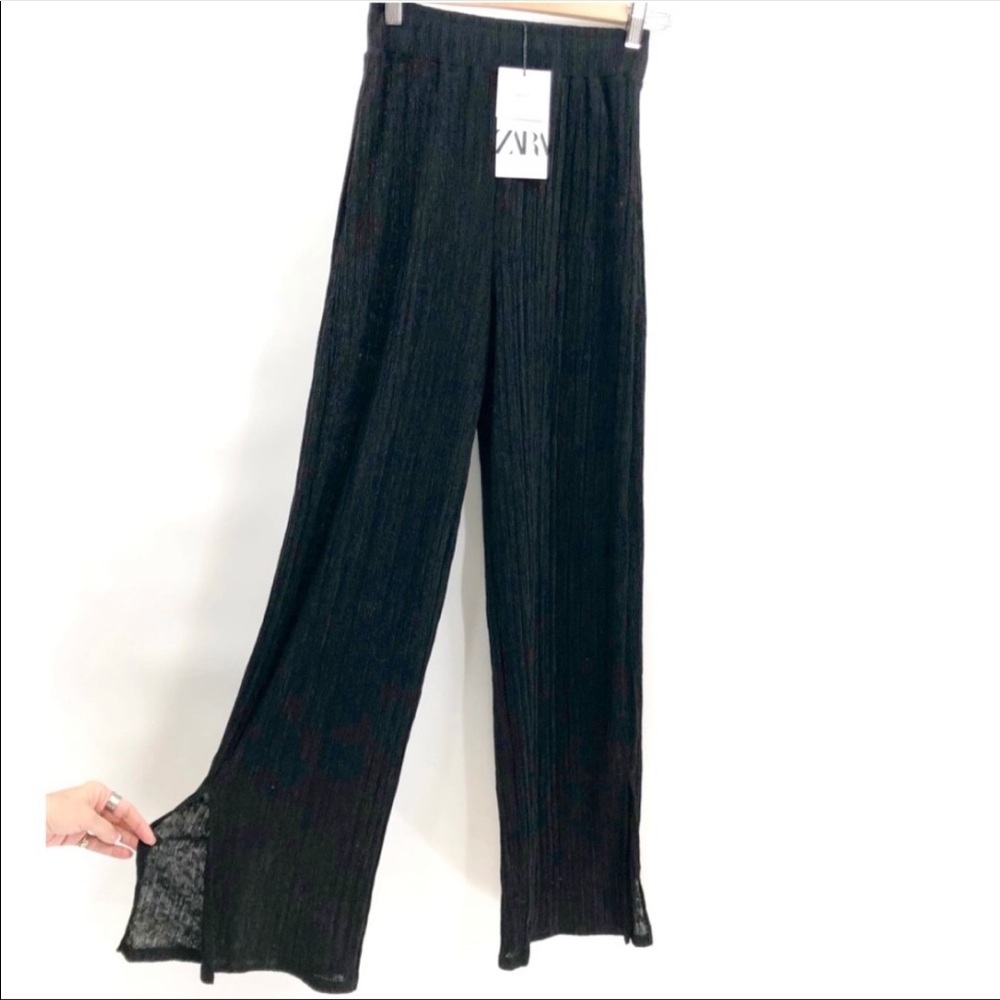 ZARA black high waisted wide leg ribbed ankle slit pants